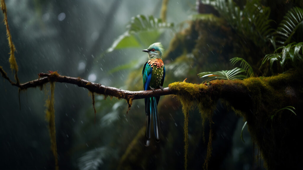 Close-up of a Gnatathan perched on a green leaf, displaying its vibrant blue and green colors in a lush forest setting