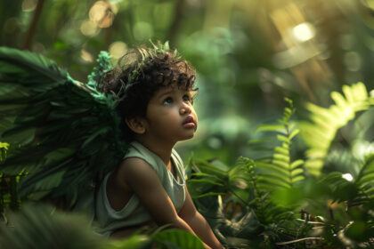 Close-up of a Gnatathan perched on a green leaf, displaying its vibrant blue and green colors in a lush forest setting