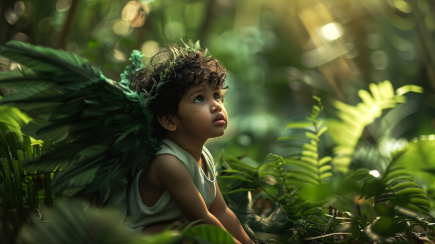 Close-up of a Gnatathan perched on a green leaf, displaying its vibrant blue and green colors in a lush forest setting