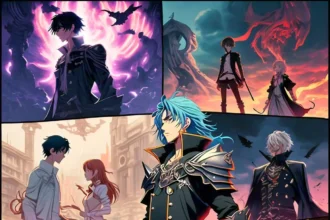 , including Isekai, Slice of Life, and Dark Fantasy. The characters are depicted in dynamic poses, surrounded by colorful, fantastical backgrounds that reflect their unique worlds